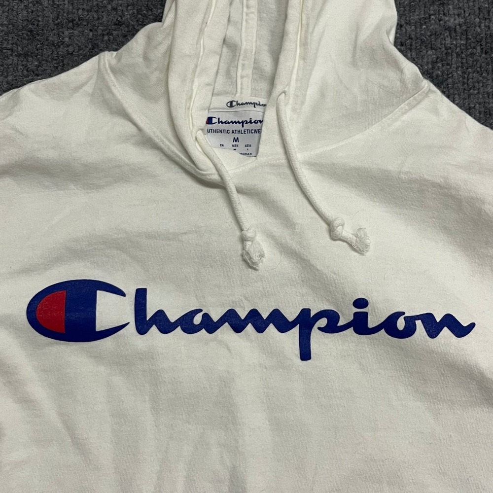 Champion Hoodie Mens Size M White Script Logo Long Sleeve Jersey Cotton Pullover